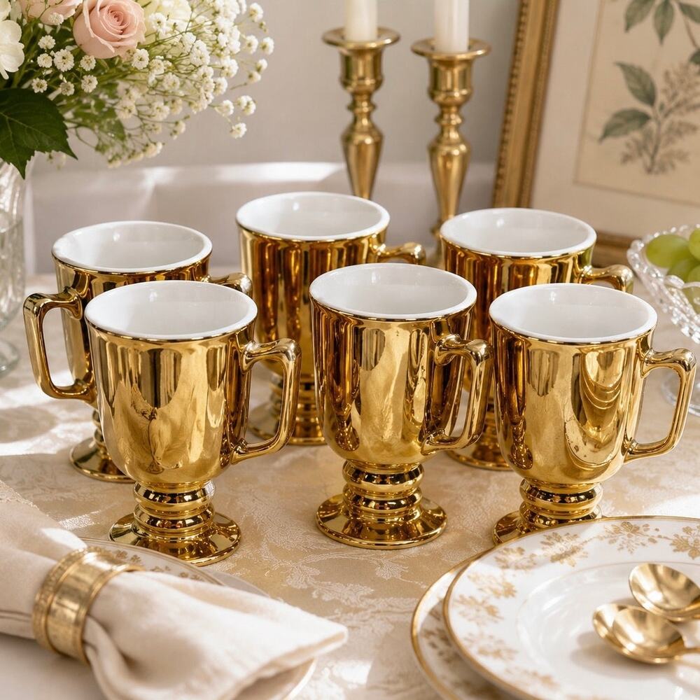Hall Golden Glo Irish Coffee Mugs Pedestal Gold Plated Pottery Made in USA